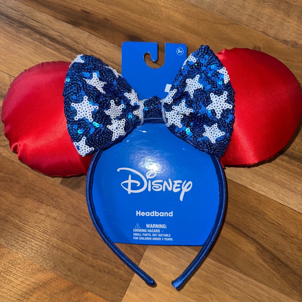 Disney Minnie Mouse Patriotic Sequin Bow USA Red White‎ Blue Ear Headband NWT